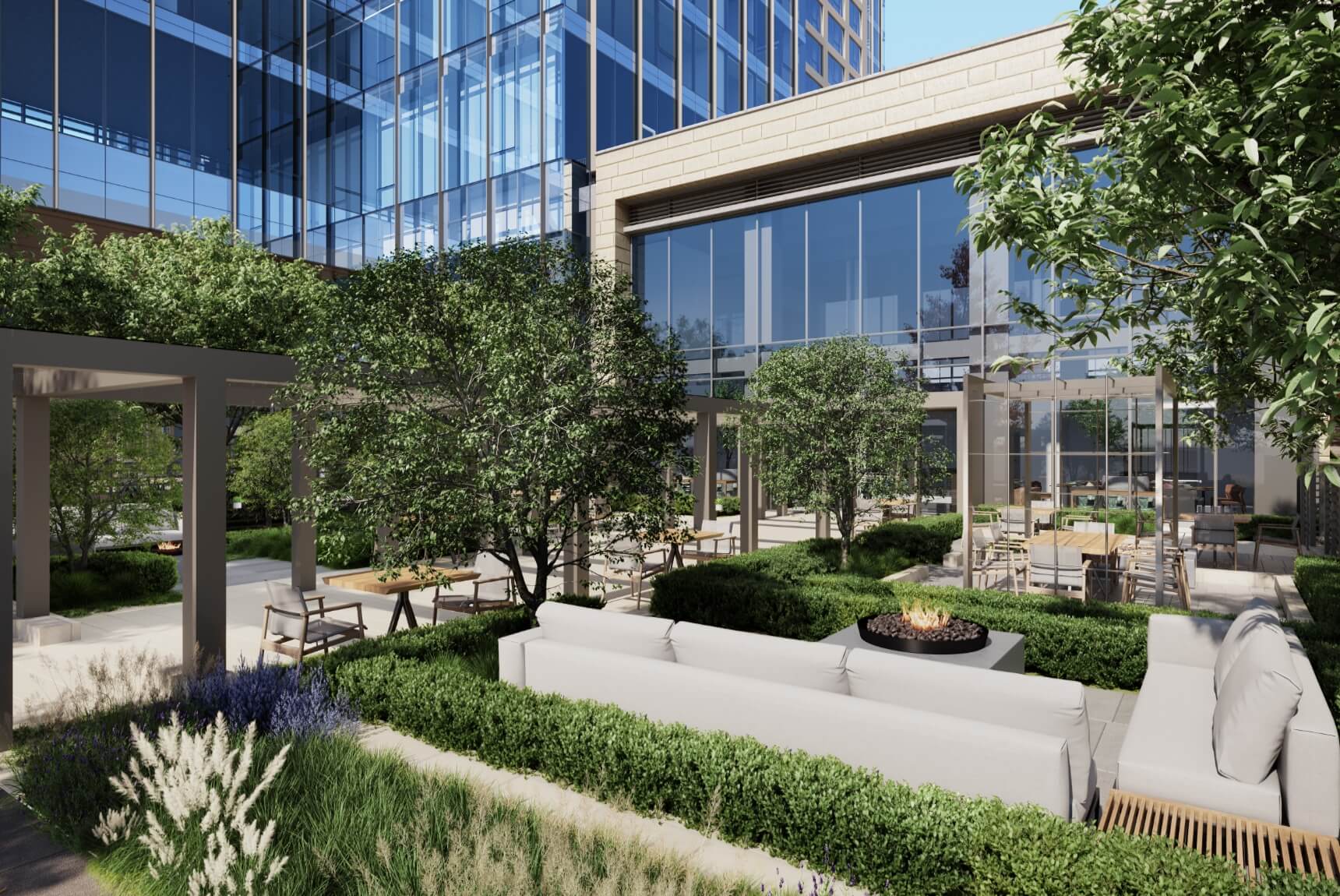 An artist's rendering of a 55+ independent living courtyard within a continuing care building.