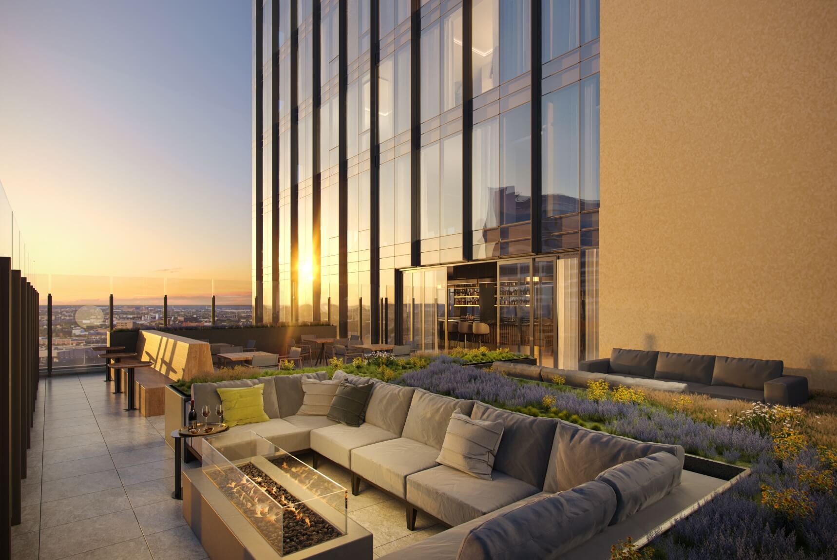 An artist's rendering of a 55+ independent living rooftop with couches and fire pits.