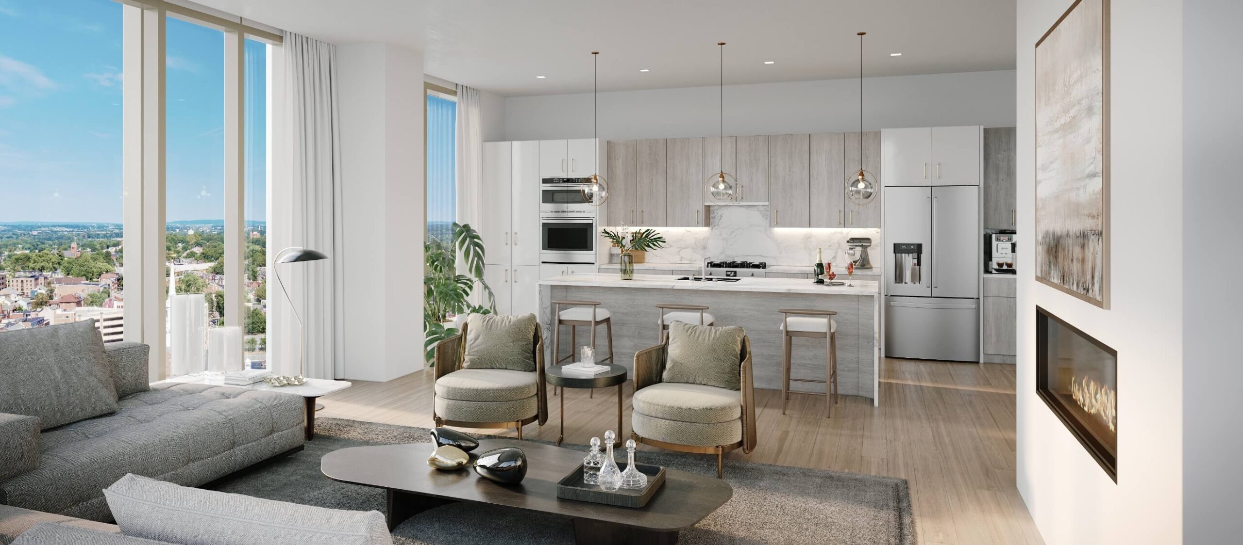 A rendering of a living room in a 55+ retirement community with a view of the city.