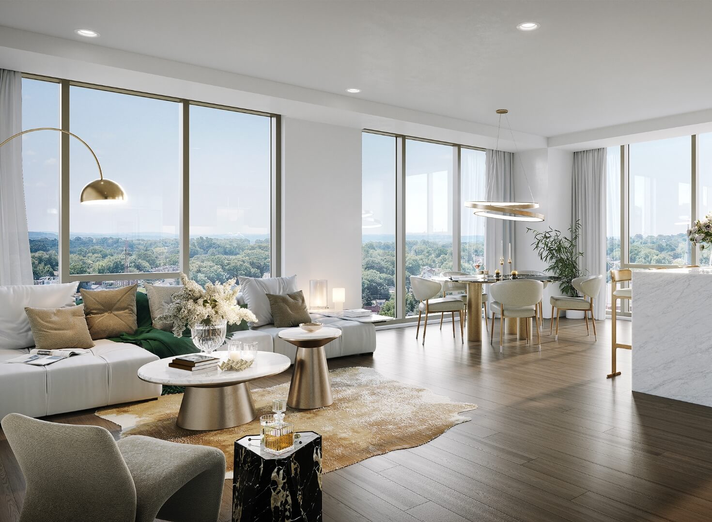 An Independent Living room complimented by large windows, offering a stunning view of the city.