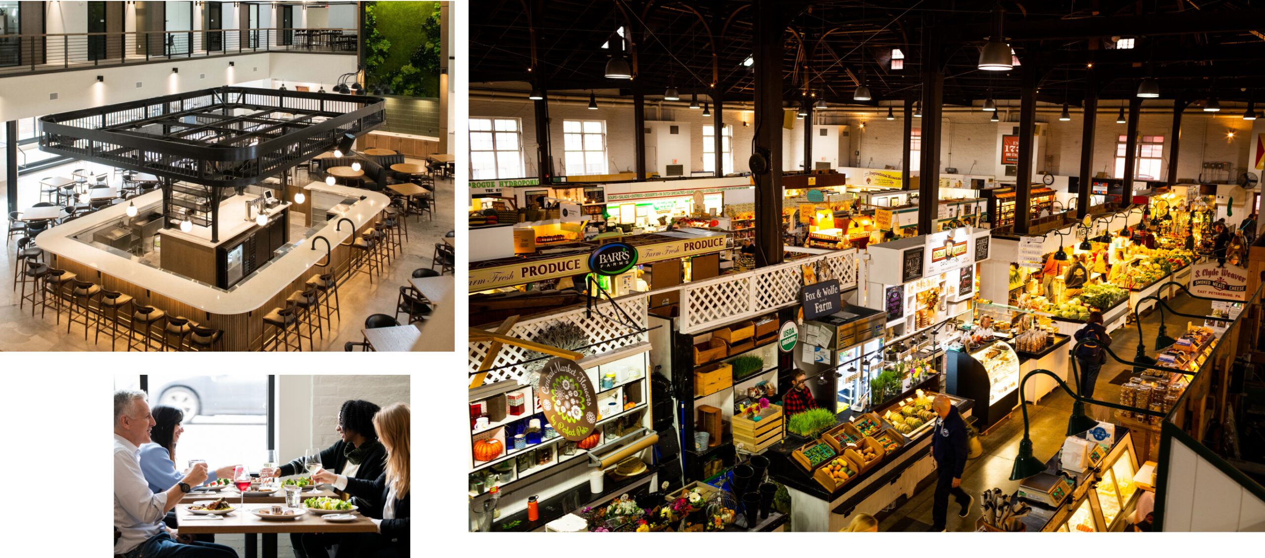 A collage of pictures featuring a diverse food market.