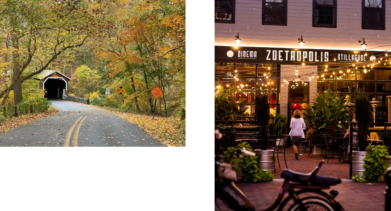 Two pictures of a covered bridge and a restaurant, highlighting their relevance to 55+ and independent living.