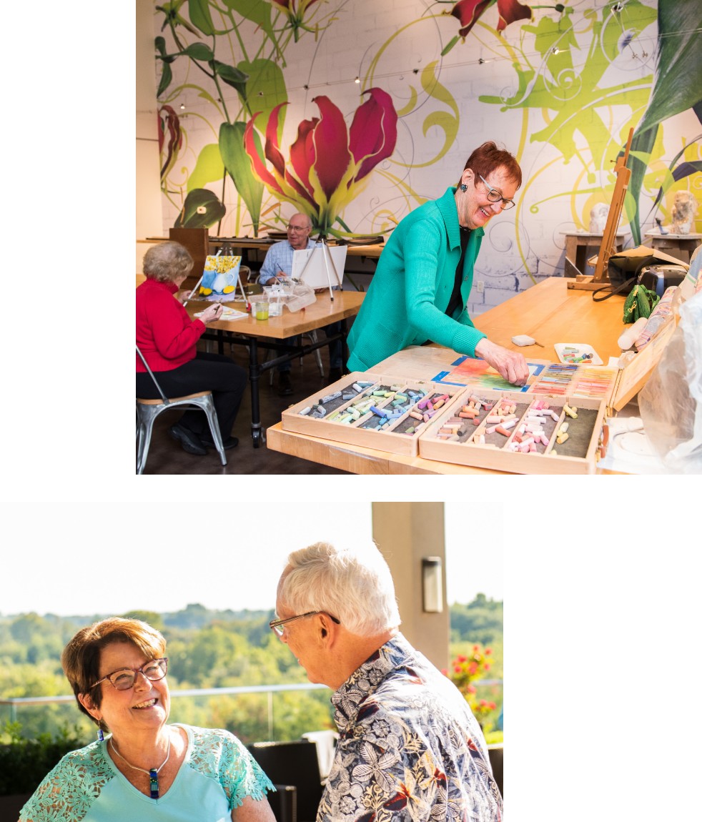 Two pictures depicting independent living and 55+ individuals sitting at a table in a cafe.