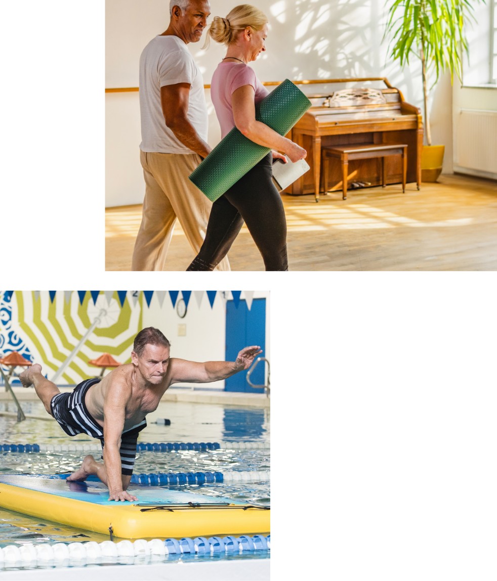 Two pictures of a man and a woman practicing yoga, emphasizing their Continuing Care expertise and Independent Living options for those aged 55+.