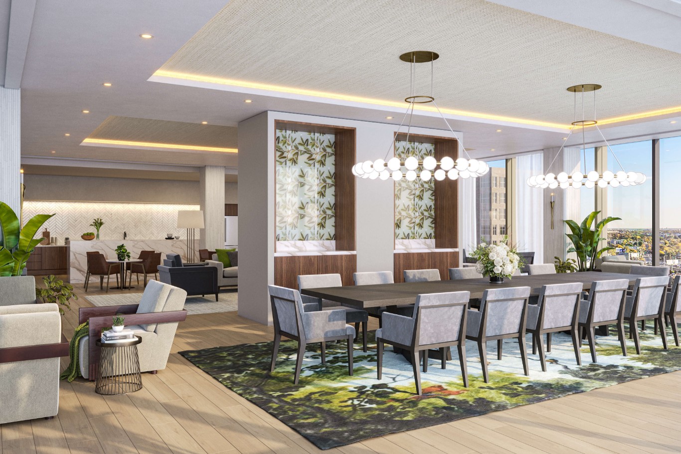 A rendering of a Senior Living dining room with a view of the city.