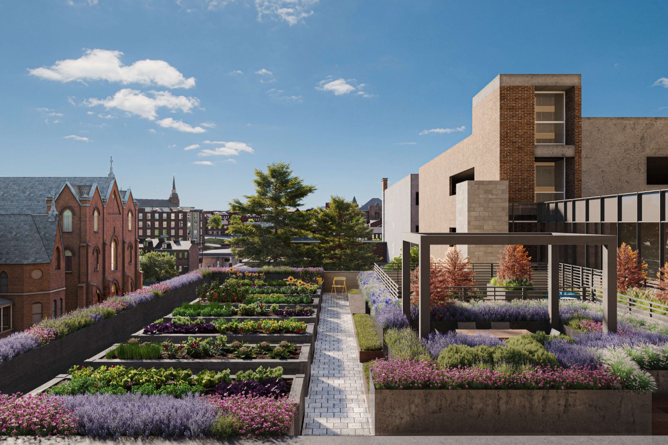 An artist's rendering of a rooftop garden designed for a 55+ retirement community.