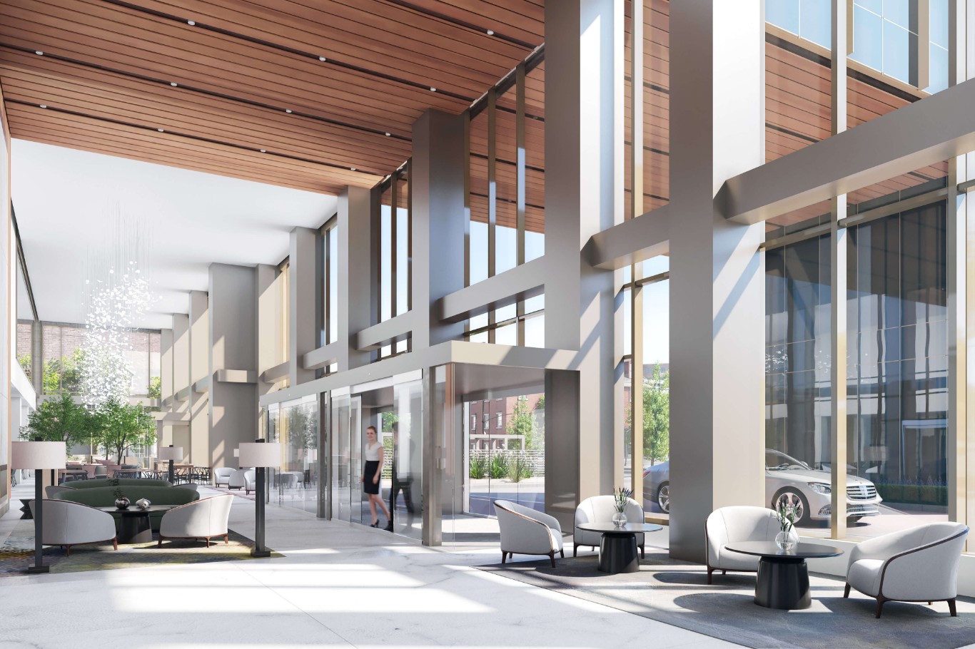 A rendering of the lobby of a modern Continuing Care Retirement Community building.