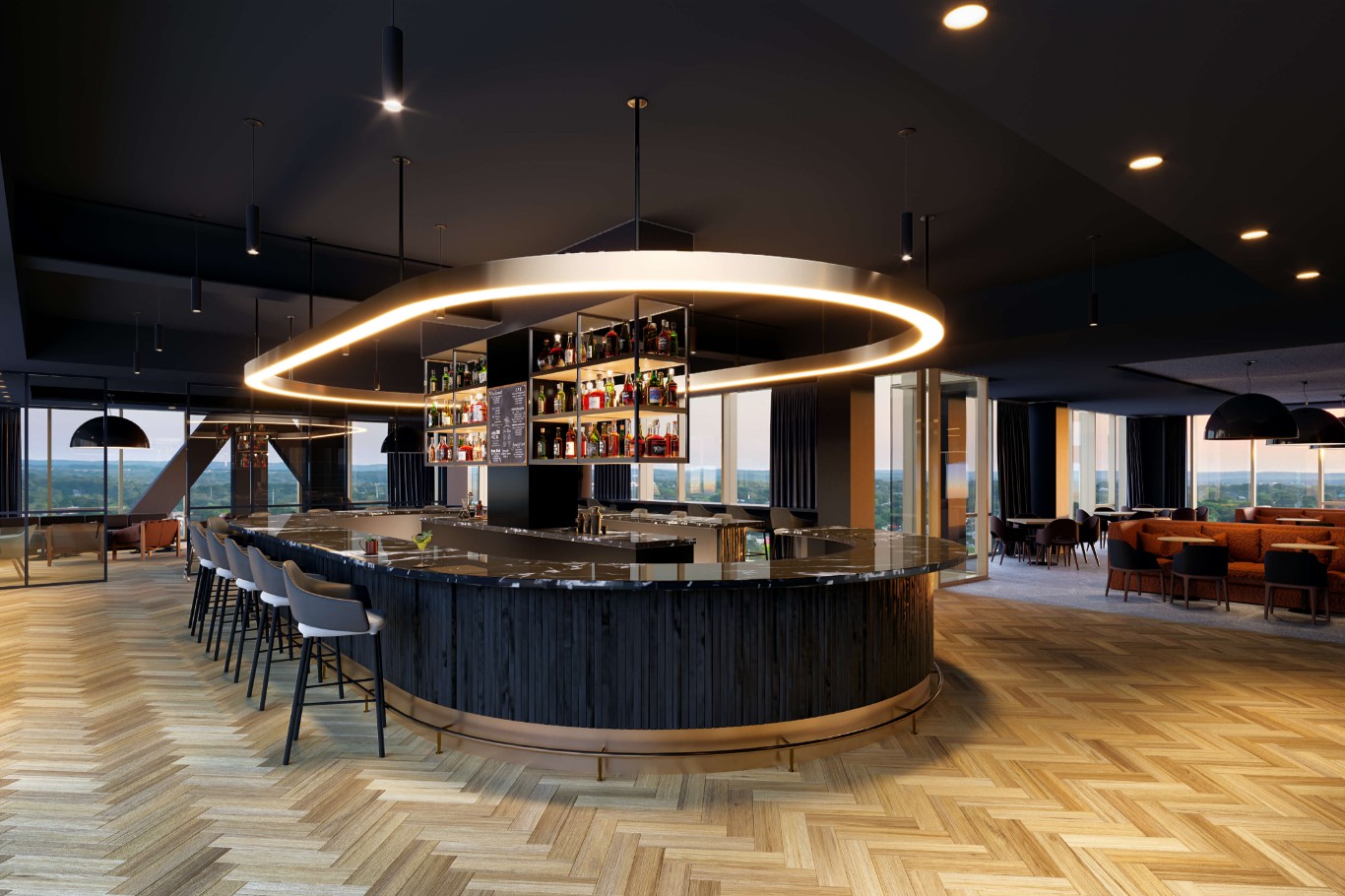 An independent living bar with wooden floors and a view of the city.