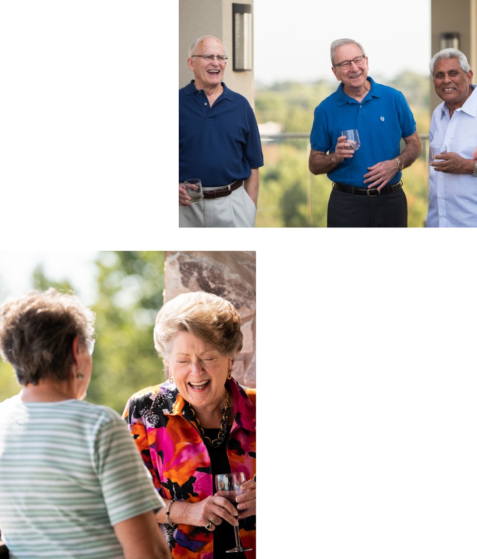 Four pictures of people drinking wine on a patio in a retirement community.