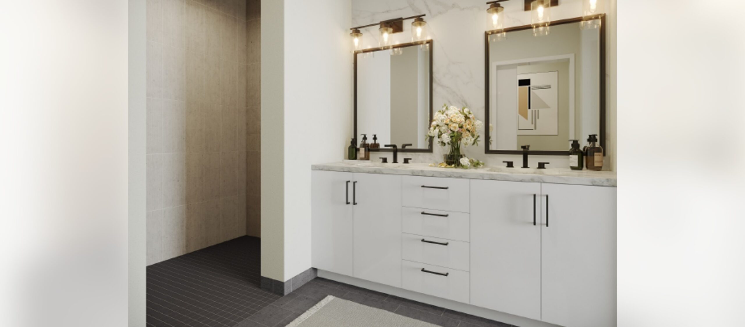 An independent living senior bathroom featuring white marble counter tops and mirrors.