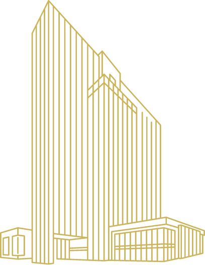 A gold line drawing of a retirement community building on a black background.