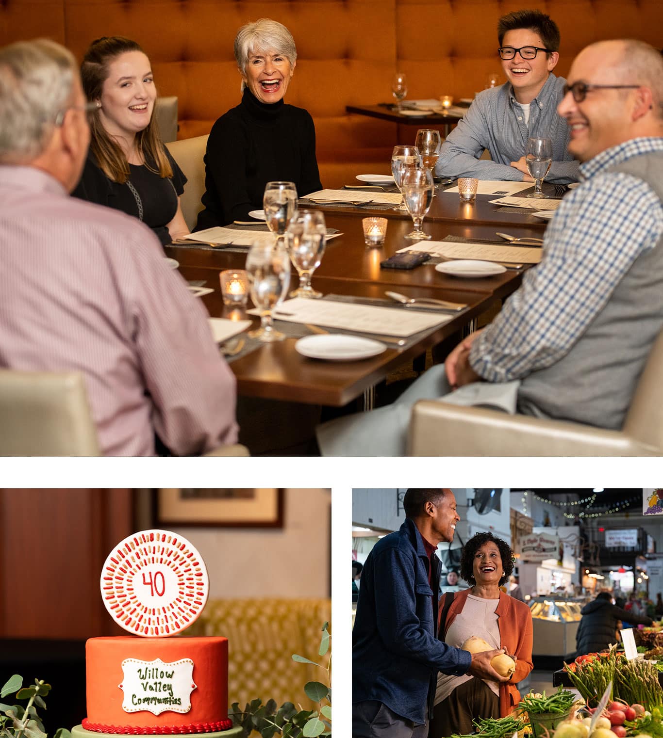 Scenes from life at Mosaic: residents enjoying dinner together, celebrating 40 years of trusted senior living, and exploring local Lancaster markets — showcasing upscale, independent 55+ living near me.