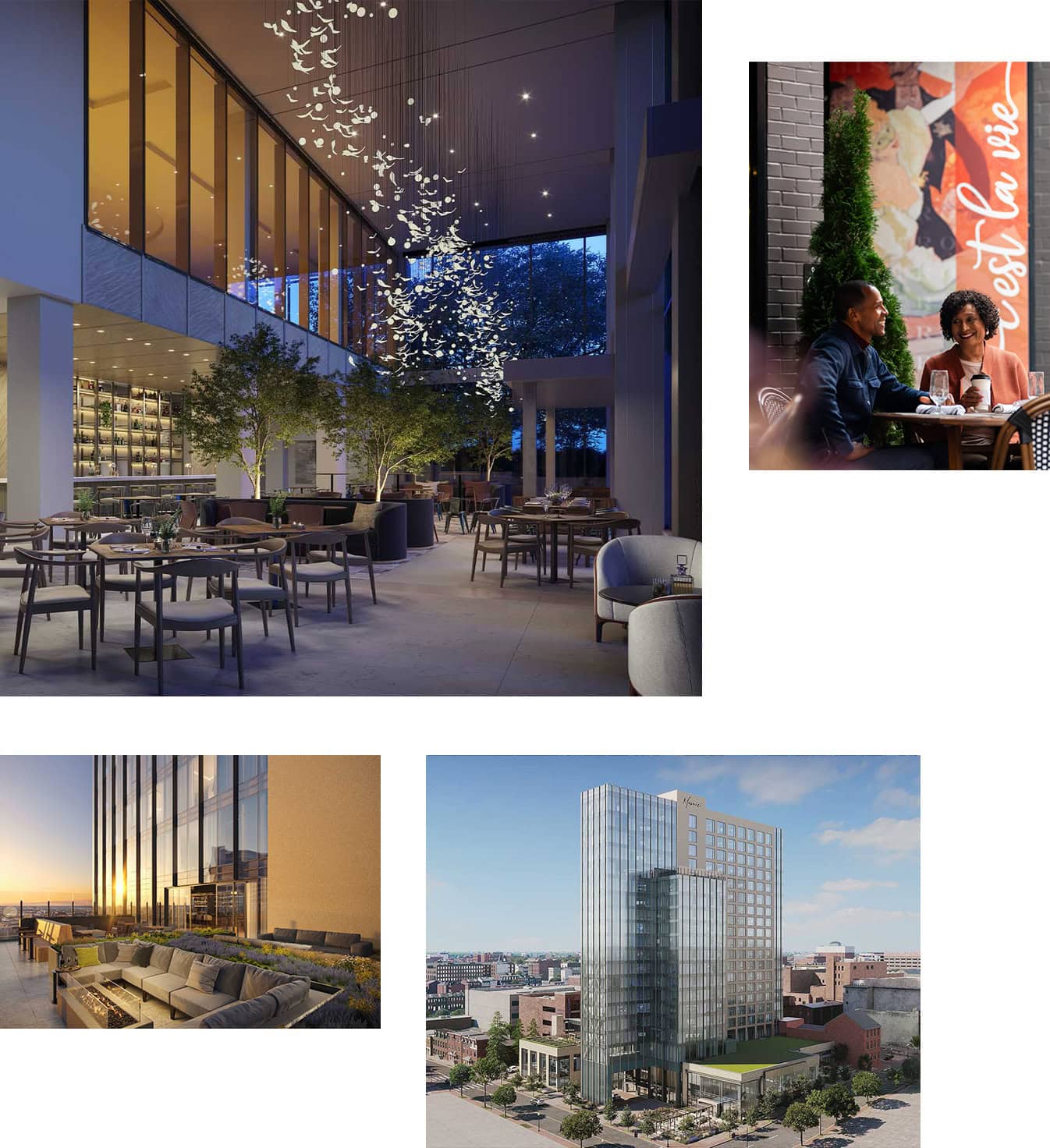 Elegant views of Mosaic senior living near me in Lancaster, featuring modern dining, rooftop lounge, vibrant downtown lifestyle, and the iconic high-rise residence.
