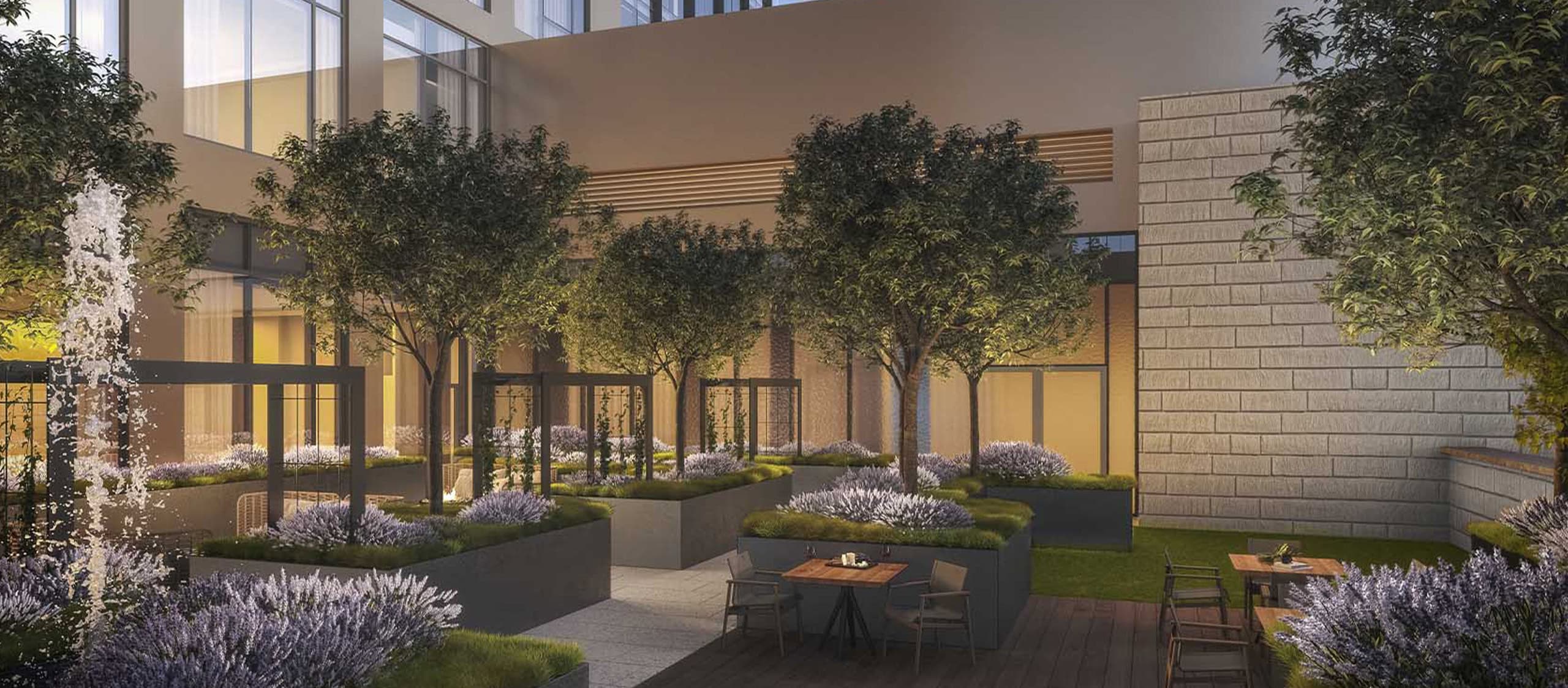 Outdoor garden and relaxation space at a luxury independent senior living community.